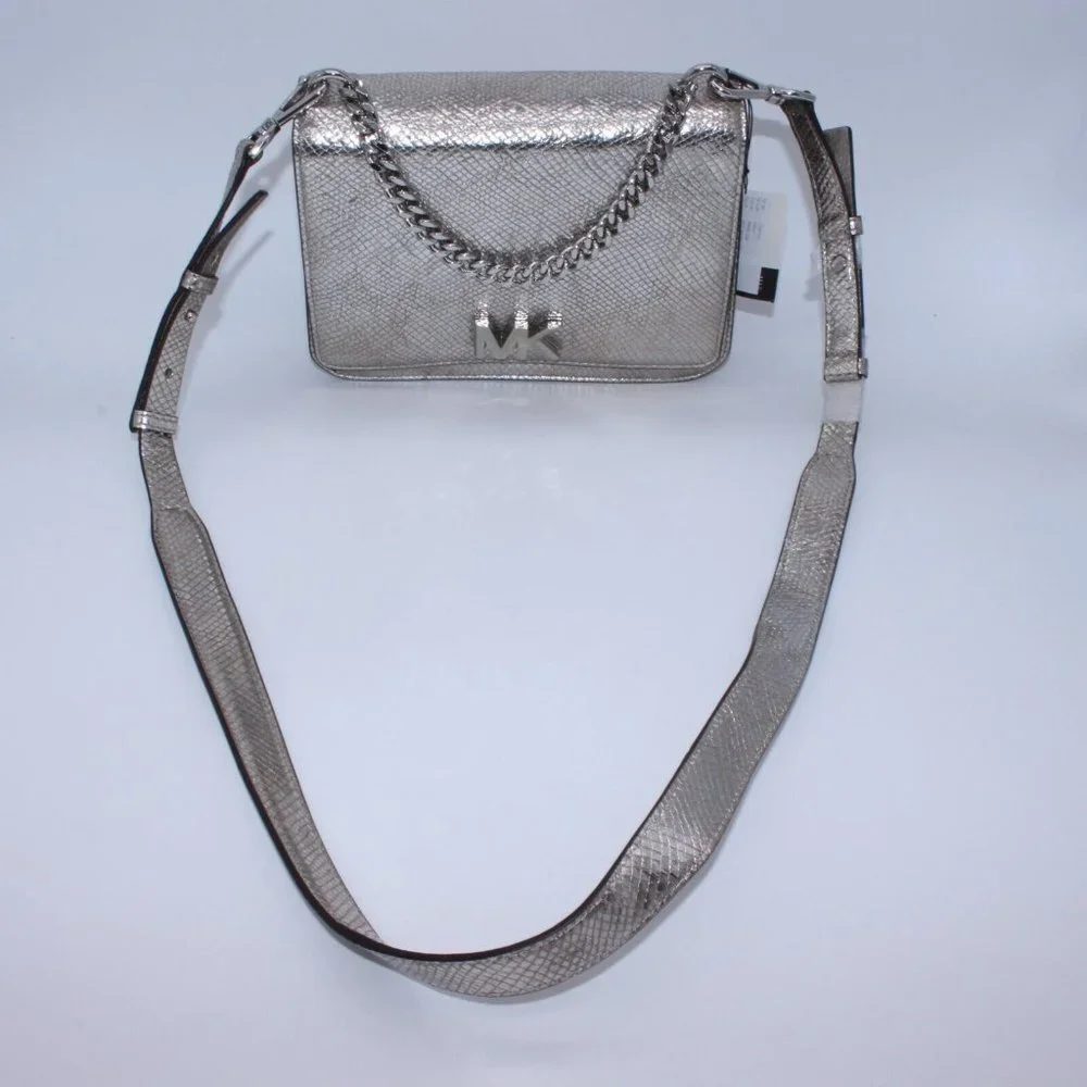 Michael Kors Silver Snake Mott Leather Chain Swag Shoulder Crossbody Bag Purse